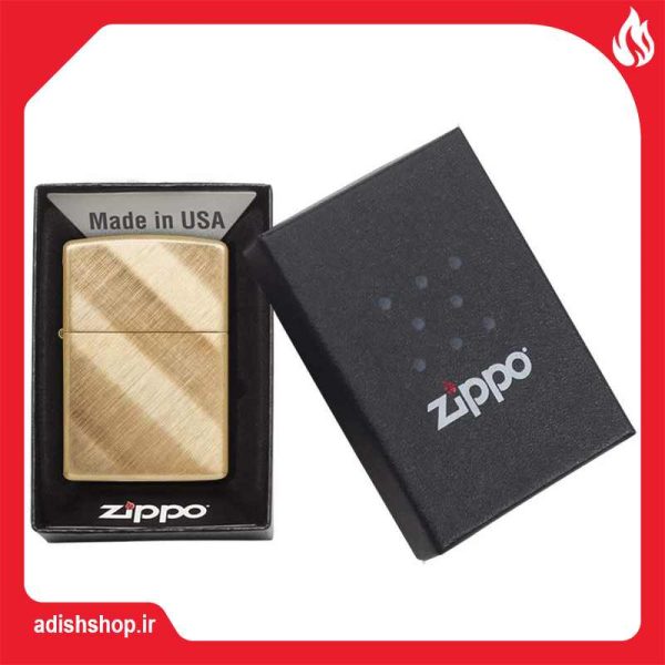 فندک بنزینی زیپو طلایی طرح خطوط مورب DIAGONAL WEAVE BRASS کد 29675-آدیش شاپ Zippo Lighter DIAGONAL WEAVE BRASS